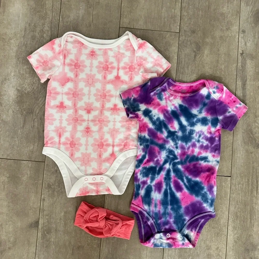 Baby girl 18 month bodysuits and bows bundle tie dye